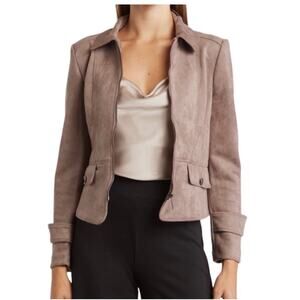 T Tahari Faux Suede Leather Crop Zip Jacket Brown Moto M